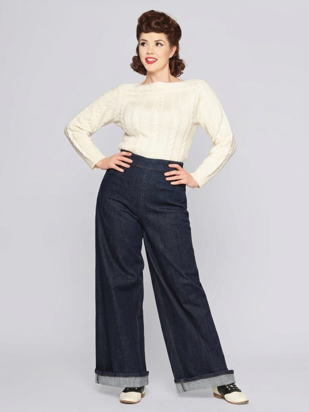 Collectif High Waisted Wide Leg Jeans Dark Indigo Starburst 1940s Workwear US 12